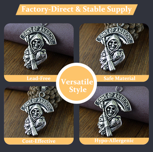 Collana <span class=keywords><strong>con</strong></span> <span class=keywords><strong>ciondolo</strong></span> a forma di <span class=keywords><strong>teschio</strong></span> e falcetto del Mietitore, in acciaio inossidabile, ipoallergenica e anti-sbiadimento, stile punk europeo, da uomo, per discoteca - Product Image 2