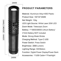 Senter LED Daya Tinggi dari Paduan Aluminium, 3 Tingkat Peredupan, Dapat Diisi Ulang via USB, Tahan Air IP54, 1000+ Lumen, Sinar Dapat Diatur, Jangkauan 1000M+