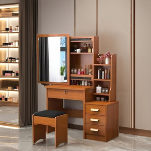 Coiffeuse moderne en bois avec tiroirs, miroir sur pied réglable et éclairage, pour salle de bain, design panneau, marque JMY - Product Image 2