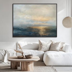 Grande Peinture à l'Huile Paysagère Abstraite Faite à la Main, Thème <span class=keywords><strong>Coucher</strong></span> <span class=keywords><strong>de</strong></span> <span class=keywords><strong>Soleil</strong></span>, Décoration Murale, Gris, Bleu et Or, Peinture Océanique Horizontale - Product Image 2