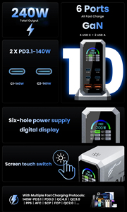 240W gan Pro Sạc pd3.1 thông minh TFT hiển thị 10-ports PD QC PPS 100-240V toàn cầu sử dụng OEM hỗ trợ loại C nhanh chóng máy tính xách tay ADAPTER - Product Image 3