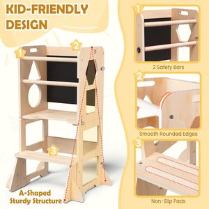 Tabouret de cuisine pliable multifonctionnel 4-en-1 Woodure avec tableau noir pour enfants de 1 à 3 ans, cadeau pour garçon ou fille - Product Image 2