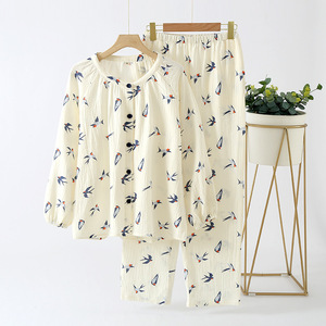 Set pigiama da <span class=keywords><strong>donna</strong></span> in puro <span class=keywords><strong>cotone</strong></span> stile giapponese primavera autunno girocollo a maniche lunghe estivo sottile abbigliamento per la casa ODM - Product Image 3