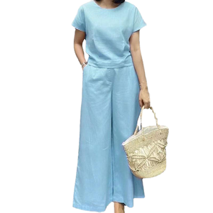 Conjunto de Dos Piezas para Mujer, Color Azul Claro, Spandex/Poliéster, Camiseta sin Mangas, Pantalones Anchos con Aberturas, Estilo Casual Holgado, Primavera/Verano - Product Image 1