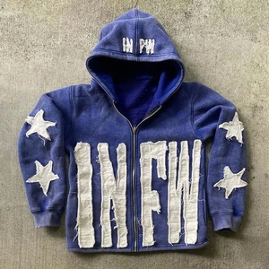<b>Dropshipping</b> Custom high quality Men 500 Gsm Distressed Applique Patch Embroidery Acid Wash Zip up Hoodie - Product Image 5