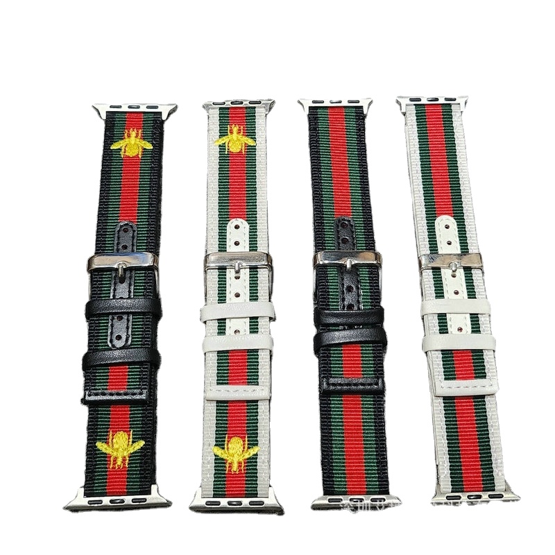 Luxury Designer Strap for Iwatch with Bee Red and Green Stripes Luxury Fashion Iwatch Nylon Strap Canvas S8S7