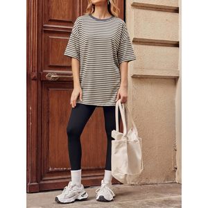 T-shirt rayé surdimensionné personnalisé pour femme, col rond, coupe ample, manches courtes, grande taille, haut d'été respirant en coton tricoté, tunique - Product Image 4