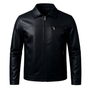Blouson d'hiver en cuir PU noir pour homme, style motard, avec fermeture éclair et logo frontal, idéal pour le streetwear - Product Image 1
