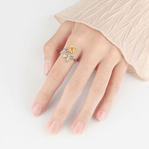 <b>Adjustable</b> Copper Rotating <b>Ring</b> with Cubic Zircon Gold/<b>Silver</b> Plated Sunflower Bee Design for Anxiety Relief and Stress Relief - Product Image 2