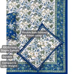 Ensemble de housse de couette en pur coton 100% imprimé main indienne White & Blue Big Floral Design King Size (90x108 ") Literie - Product Image 5