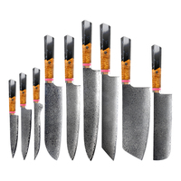 Ensemble de couteaux de cuisine en acier Damas, 9 pièces, manche en résine antidérapant, couteaux de cuisine multifonctionnels, design moderne et luxueux, ambidextres