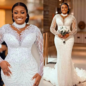 African Bride Mermaid Wedding Dress Long Sleeve Plus Size V Neck Backless Cut Out Pure White Winter 2025 - Product Image 4