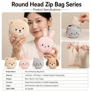 Porte-monnaie zippé en peluche à tête ronde, pochette animal en peluche avec sac de courses pliable – Ours, Lapin, Chat, <span class=keywords><strong>Chiot</strong></span> - Product Image 4