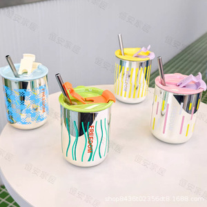Electroplated Glass Cup With Straw Pink Blue Green Yellow Color Home Office Portable Drinkware Single Cup Cover Included - Product Image 4