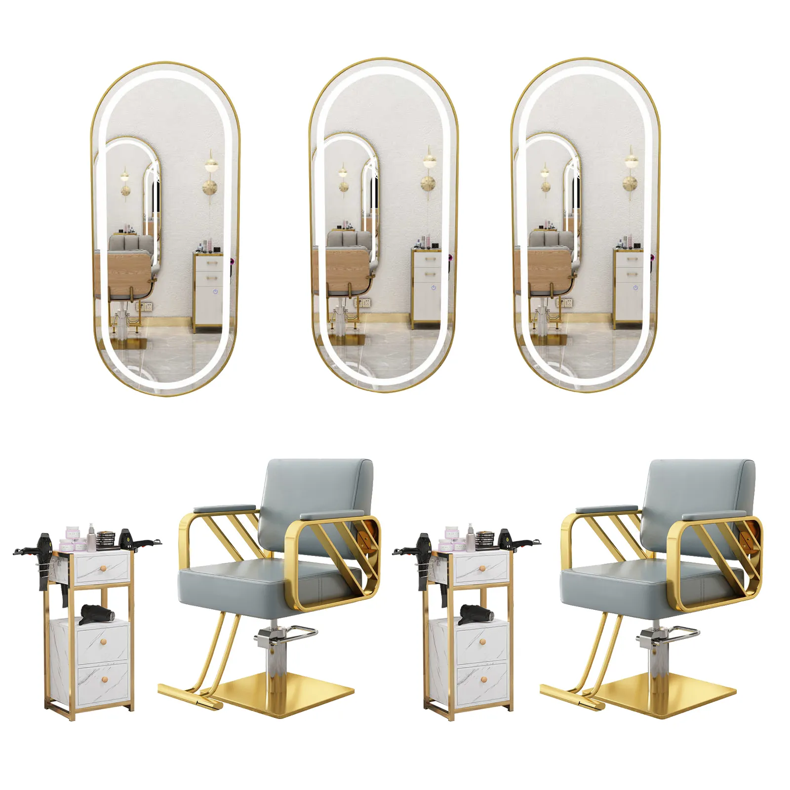 One stop soluzione barbiere mobili acconciatura sedia e specchio stazione mobili set per salone di bellezza