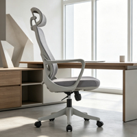 Chaise de bureau ergonomique moderne pivotante à dossier haut en tissu, appui-tête réglable, accoudoirs fixes, base chromée pour atelier, hôpital