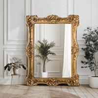 Miroir décoratif rectangulaire surdimensionné de luxe en bois massif avec cadre en PU, décoration d'intérieur pour salon, miroir sur pied doré