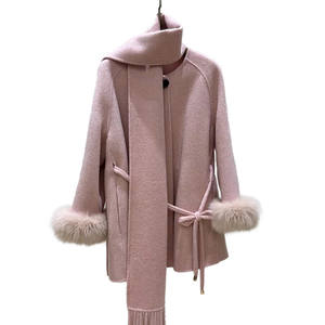 Elegante <span class=keywords><strong>pelliccia</strong></span> di volpe O <span class=keywords><strong>collo</strong></span> <span class=keywords><strong>cappotto</strong></span> doppio lato in lana con cintura da <span class=keywords><strong>donna</strong></span> <span class=keywords><strong>cappotto</strong></span> in Cashmere con sciarpa - Product Image 1