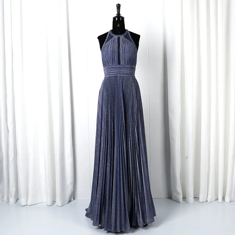 Vintage pleated halter shining knit sleeveless elegant prom dresses party gowns for women evening gown dress