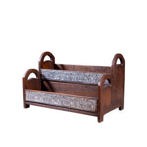 Boîte de rangement cosmétique en bois massif, double couche, design rétro, pour salle de bain, bureau, organisateur de maquillage avec incrustation métallique - Product Image 5