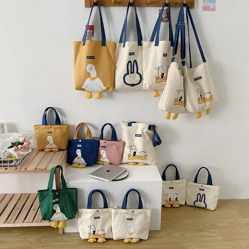 YIMYIK 2022 New Versatile Shopping Bag Cute Duck Canvas Leisure Hand Bag Ins Shoulder Tote Bag