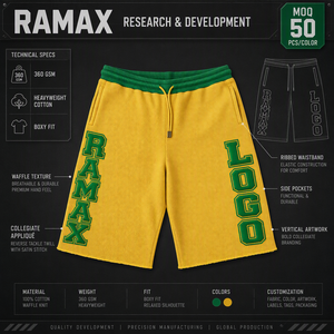 Shorts personnalisés pour hommes en tricot gaufré avec broderie de lettres en chenille, taille côtelée contrastante, cordon de serrage, ourlet effiloché brut, poches latérales, coupe ample - Product Image 1