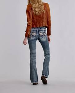 Pantalones vaqueros ajustados de cintura media con volantes de patchwork, 100% algodón, lavado oscuro, diseño bordado - Product Image 4