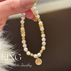 Pulsera de Perlas King Silver Jewelry, Plata S925 Chapada en Oro, Pulsera con Dijes para Mujer, para Boda - Product Image 2