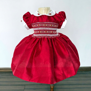 Casalia Girls <b>Red</b> <b>Glitter</b> Smock Dress With Embroidery Peter Pan Collar Puff Sleeve A-Line Knee-Length Sweet Style - Product Image 1