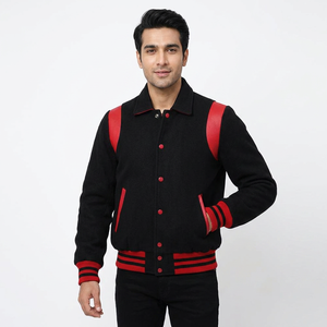 Mens <b>Black</b> <b>Red</b> <b>Varsity</b> Style Stand <b>Jacket</b> Shoulder Accents Quilted Lining Internal Pocket 100% Cotton Breathable Urban - Product Image 1