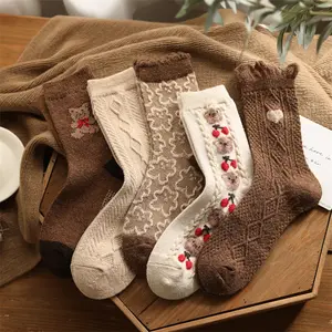 Winter woman vintage cute coffee cartoon bear cherry love thickened wool warm socks