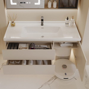 Mueble de Baño Moderno Minimalista Color Crema con Lavabo de Cerámica Integrado, Iluminación Antivaho y Base <span class=keywords><strong>para</strong></span> Esfregona - Product Image 4