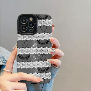 Étui de téléphone portable en cuir artificiel TPU avec impression de cœur d'amour et de papillon en dentelle pour <span class=keywords><strong>iPhone</strong></span> X Xr 11 <span class=keywords><strong>12</strong></span> 13 14 15 16 17 18 Pro Max - Product Image 1