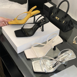 Nouvelles sandales d'été 2025 pour femme, à bout ouvert, argentées, avec talons aiguilles jaunes, respirantes et tendance - Product Image 1