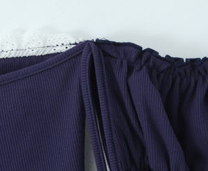 Short Sleeve <strong>Navy</strong> Color Slash Neck Back Hollow Out Casual Fashion Crop Blouse <strong>Top</strong> for <strong>Women</strong> - Product Image 6