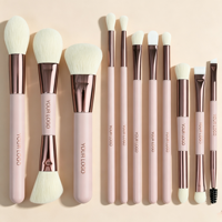 Ensemble de 11 pinceaux de maquillage roses à double extrémité avec virole dorée café pour le maquillage quotidien et professionnel