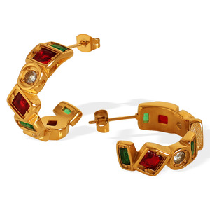 Geometric Huggie <b>Earrings</b> Gold Plated With Red <b>Green</b> Stones Party Jewelry EH778 - Product Image 5
