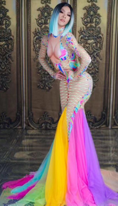 Vestido largo de fiesta de <span class=keywords><strong>arco</strong></span>íris para mujer, cantante, host, vestido de noche colorido con diamantes de imitación - Product Image 2