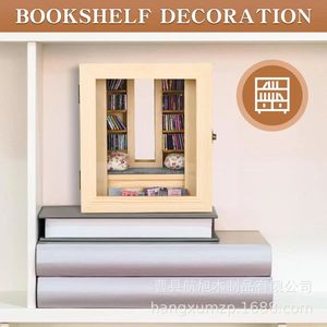 Wooden <b>Mini</b> Bookshelf <b>Desk</b> Organizer Solid Wood Rectangle Office Decor Multipurpose Storage Box With Mirror And Books - Product Image 2