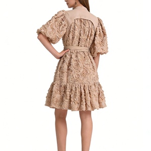 เดรสยาวปานกลางประดับดอกกุหลาบ 3 มิติสำหรับผู้หญิง - เดรสออกงานทรงพองแขนยาวพร้อมเข็มขัด แฟชั่น - Product Image 4