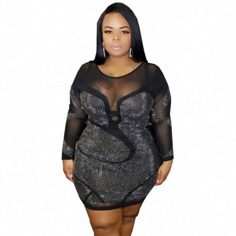 Women Sexy Plus Size Formal Sequin Dress Silver Mesh Matching Round Neck  Fitted Slim Long Sleeve Black Mini Length Party Dress| Alibaba.com