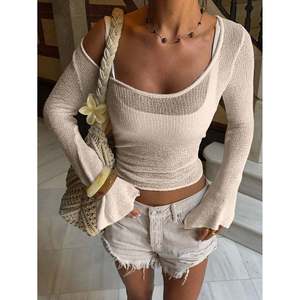 Pull pour femme en coton 100% à col rond et tricot ajouré, couleur abricot, style décontracté pour l'hiver - Product Image 5