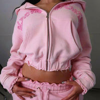 Ensemble de survêtement personnalisé de haute qualité rose pour femme avec broderies et patchs, survêtement court effet vieilli pour femme