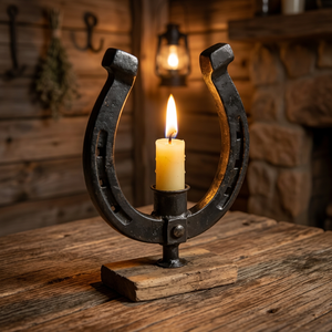 Equestrian <b>Horseshoe</b> Candle Holder Metal Rustic Tabletop Stand with Wooden Base Western Farmhouse Home Décor Centerpiece Stand - Product Image 3