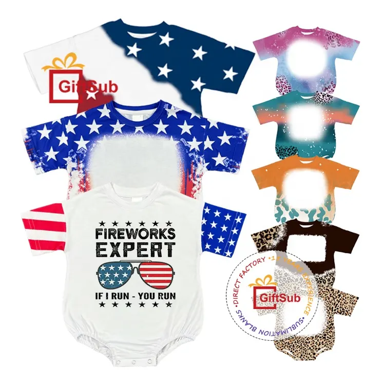 Newborn Infant Boy Girl 4th of July USA Oversized Baby Romper Onesie Faux Bleach Patriotic Shirt Sublimation Baby Bubble Romper