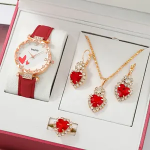 NW1419 Круглый циферблат Кварцевые часы и 4 шт. ювелирные изделия Модные женские часы