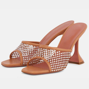 Summer Women Mesh Upper Sandals Open Toe Shoes Bling Diamonds <b>Fishnet</b> Mules High Kitten Heels on Pumps for Ladies - Product Image 1