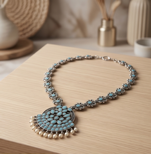 Premium Oxydized Silver Filigree <b>Necklace</b> <b>Blue</b> Stone Accents Women Traditional Ethnic Statement Jewelry Antique Finish Wedding - Product Image 1