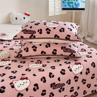 Parure de lit trois pièces en flanelle matelassée rose motif léopard de dessin animé pour fille, drap-housse épaissi 1,5 m pour automne/hiver