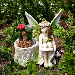 仙女女雕像与花盆播种机仙园仙女雕像手绘聚树脂雕像